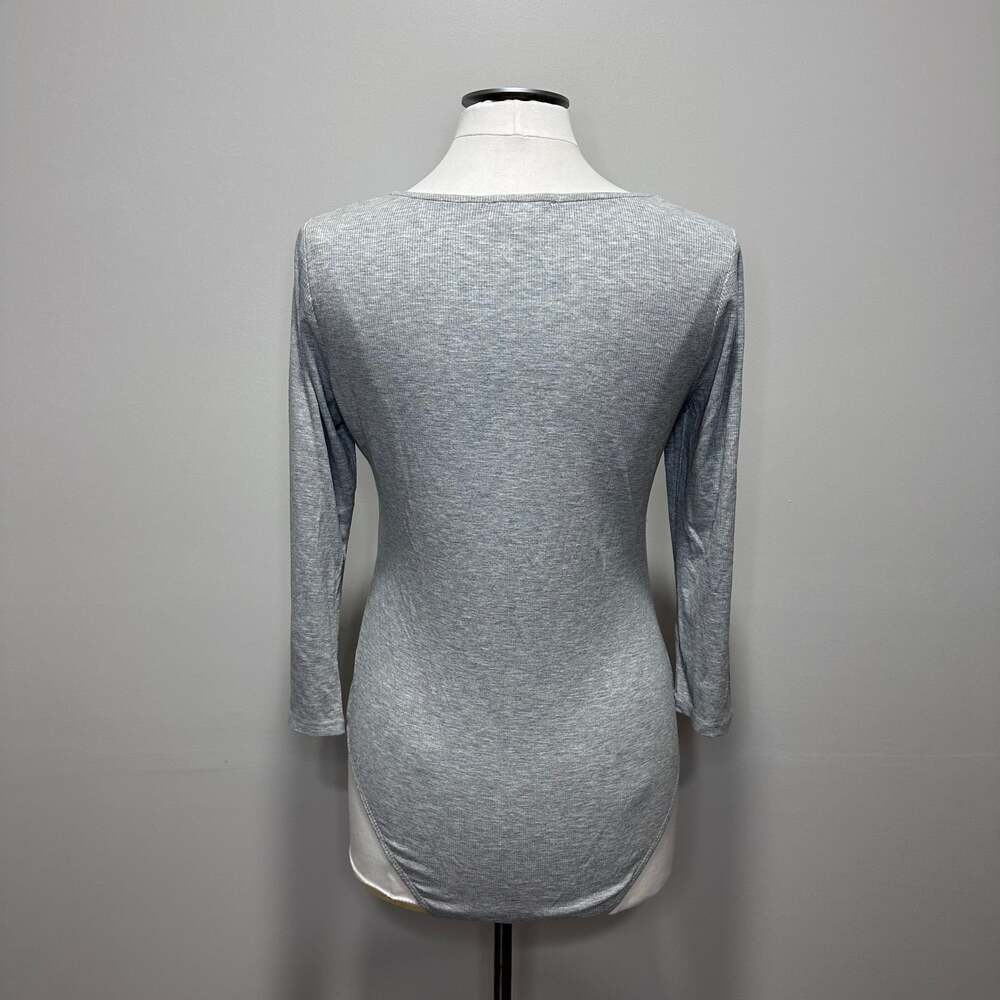 Kaileigh Estelle Square Neck Knit Long Sleeve Bodysuit Gray, Sz L - Picture 6 of 8